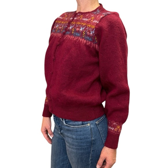 Vintage Susan Bristol Pure Wool Hand Embroidered Sweater Cardigan Burgundy L - Picture 5 of 17